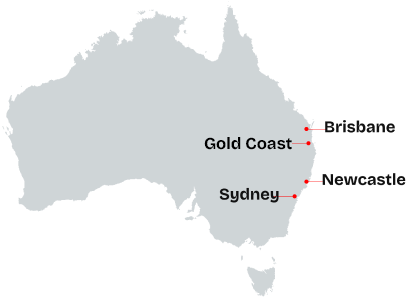Map of Sydney, Gold Coast, Brisbane, Newcastle